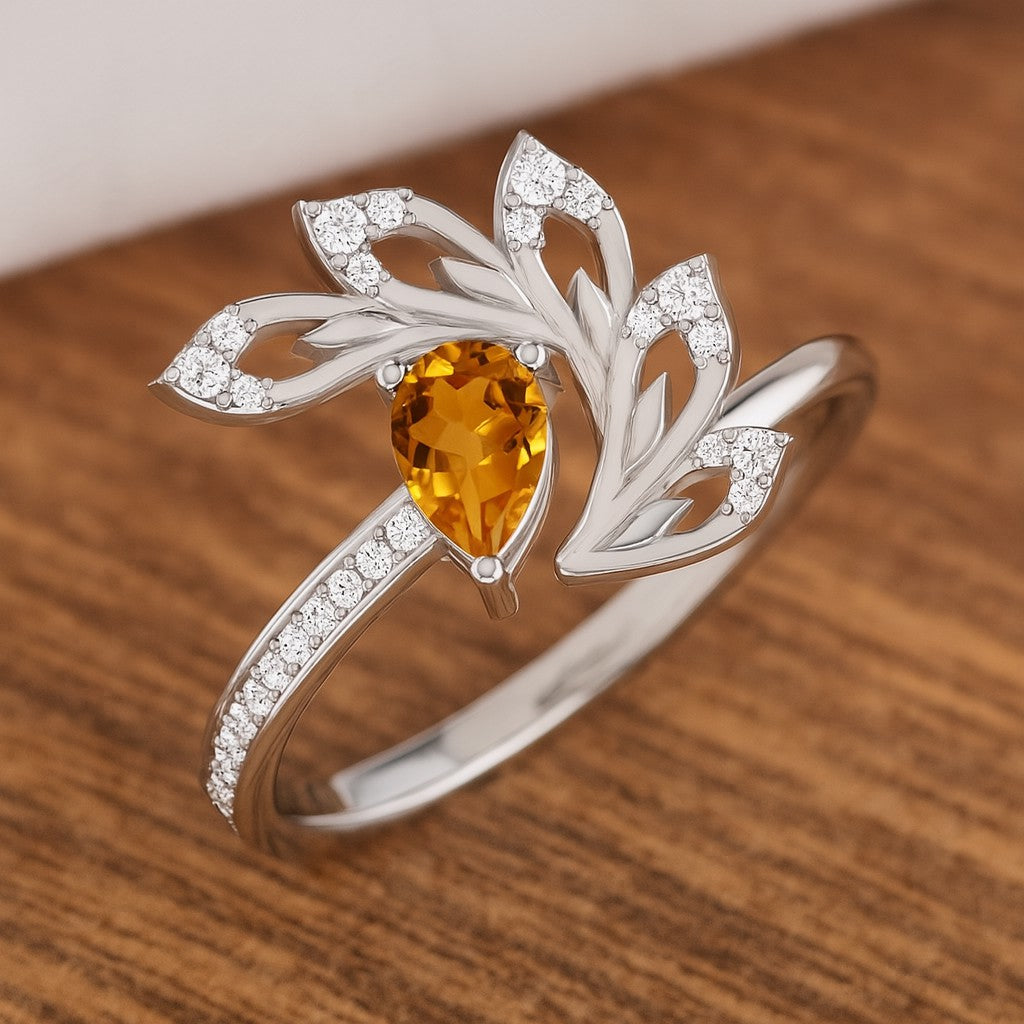 Nature Inspired Leaf Ring | Sterling Silver Birthstone Ring | Genuine Gemstone & Diamond Studded Ring | Personalized Promise Ring | Gift for Her