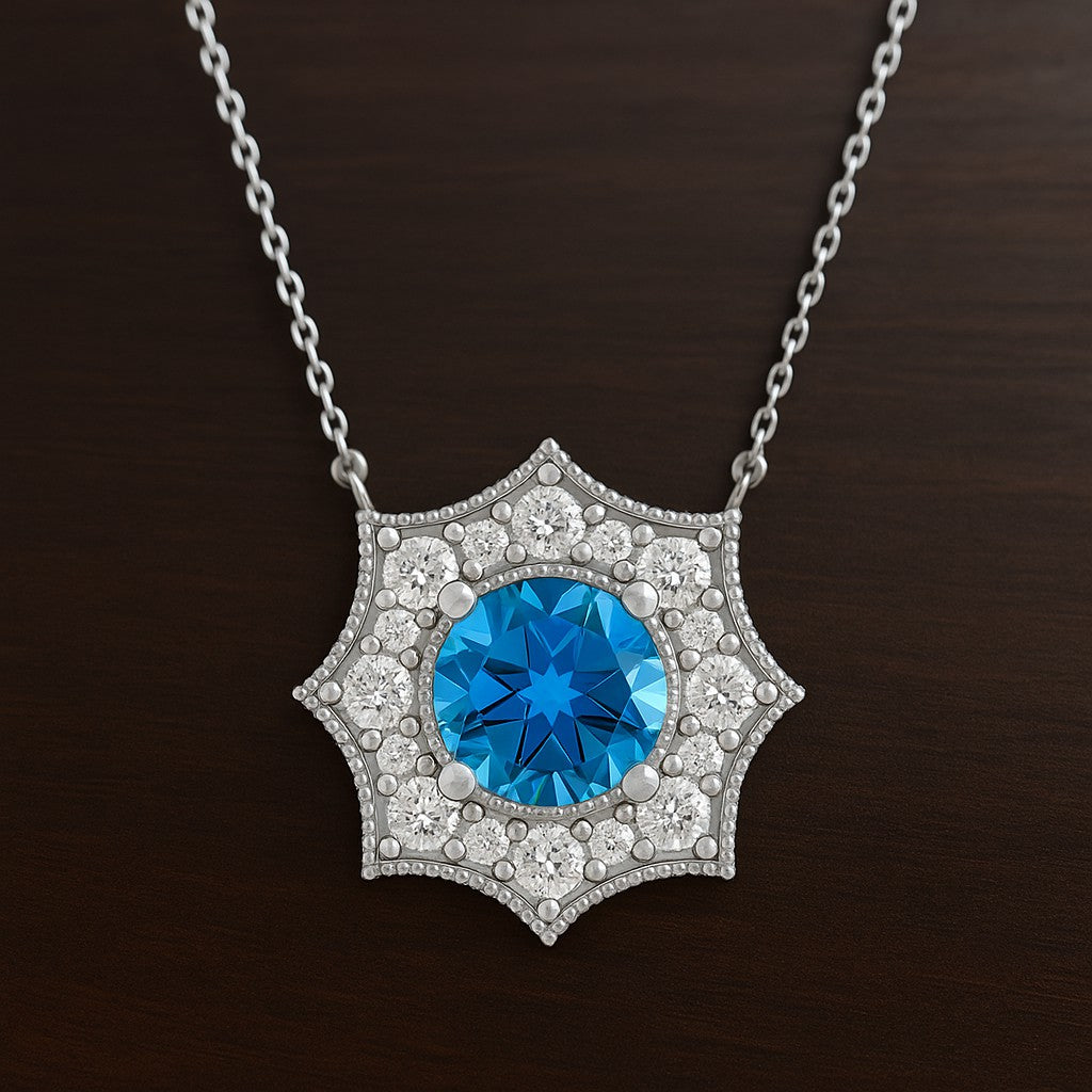 Snowflake Halo Pendant | Starburst Pendant | Heart Knot Teardrop Pendant | Sterling Silver Birthstone Necklace | Diamond Accent | Adjustable Chain | 15 Gemstone Choices