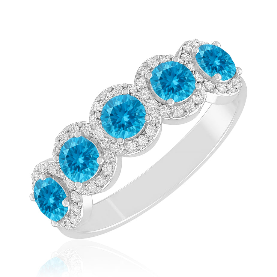 Five Stone Halo Ring | Half Eternity Ring | Sterling Silver Birthstone Ring | Genuine Gemstone & Diamond Studded Ring | Personalized Promise Ring | Gift for Her