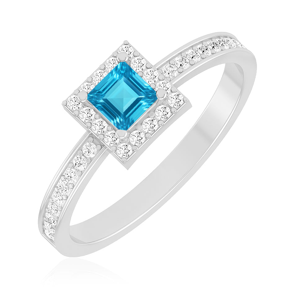 Princess Halo Solitaire Ring | Sterling Silver Birthstone Ring | Genuine Gemstone & Diamond Studded Ring | Personalized Promise Ring | Gift for Her