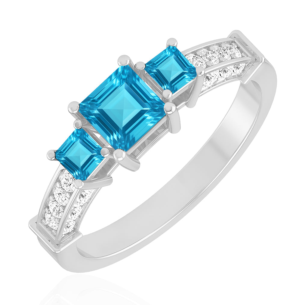 Princess Cut Three-Stone Ring | Sterling Silver Birthstone Ring | Genuine Gemstone & Diamond Studded Ring | Personalized Promise Ring | Gift for Her