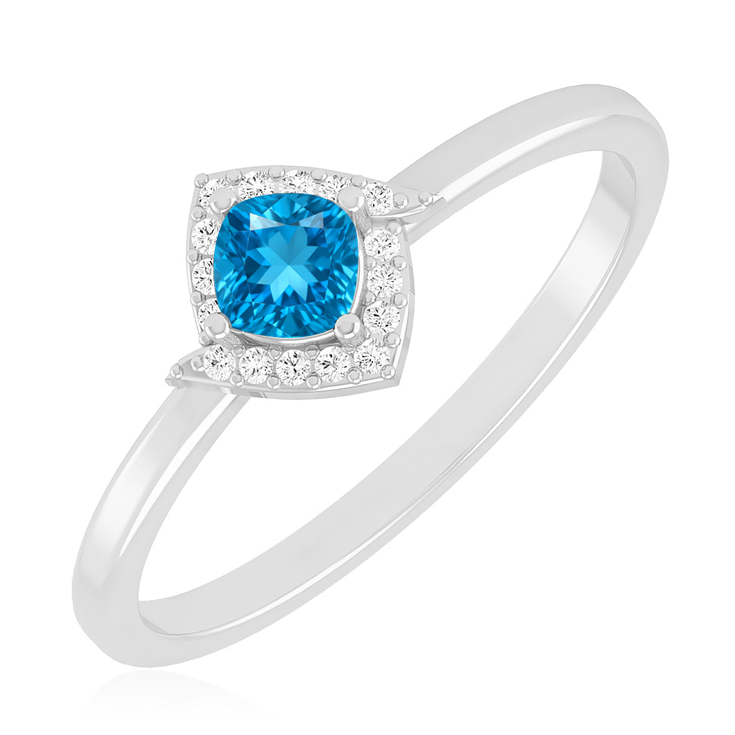 Cushion Halo Solitaire Ring | Sterling Silver Birthstone Ring | Genuine Gemstone & Diamond Studded Ring | Personalized Promise Ring | Gift for Her