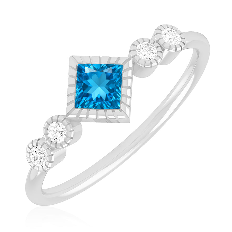 Princess Cut Bezel Three-Stone Ring | Sterling Silver Birthstone Ring | Genuine Gemstone & Diamond Studded Ring | Personalized Promise Ring | Gift for Her