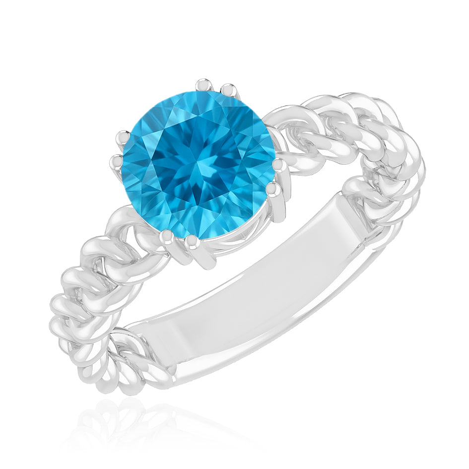 Chain Link Solitaire Ring | Sterling Silver Birthstone Ring | Genuine Gemstone & Diamond Studded Ring | Personalized Promise Ring | Gift for Her