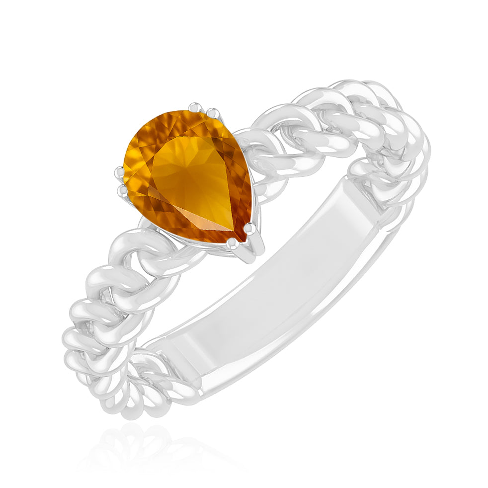 Chain Link Solitaire Ring | Sterling Silver Birthstone Ring | Genuine Gemstone Studded Ring | Personalized Promise Ring | Gift for Her
