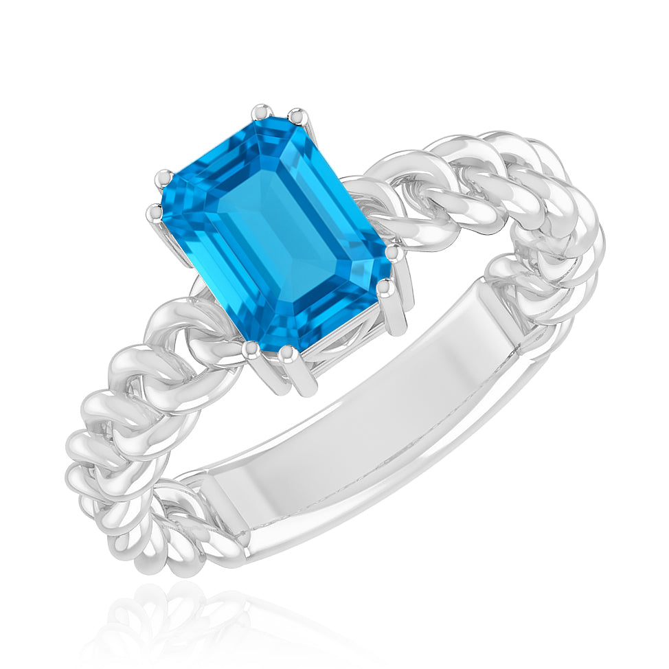 Chain Link Solitaire Ring | Sterling Silver Birthstone Ring | Genuine Gemstone Studded Ring | Personalized Promise Ring | Gift for Her