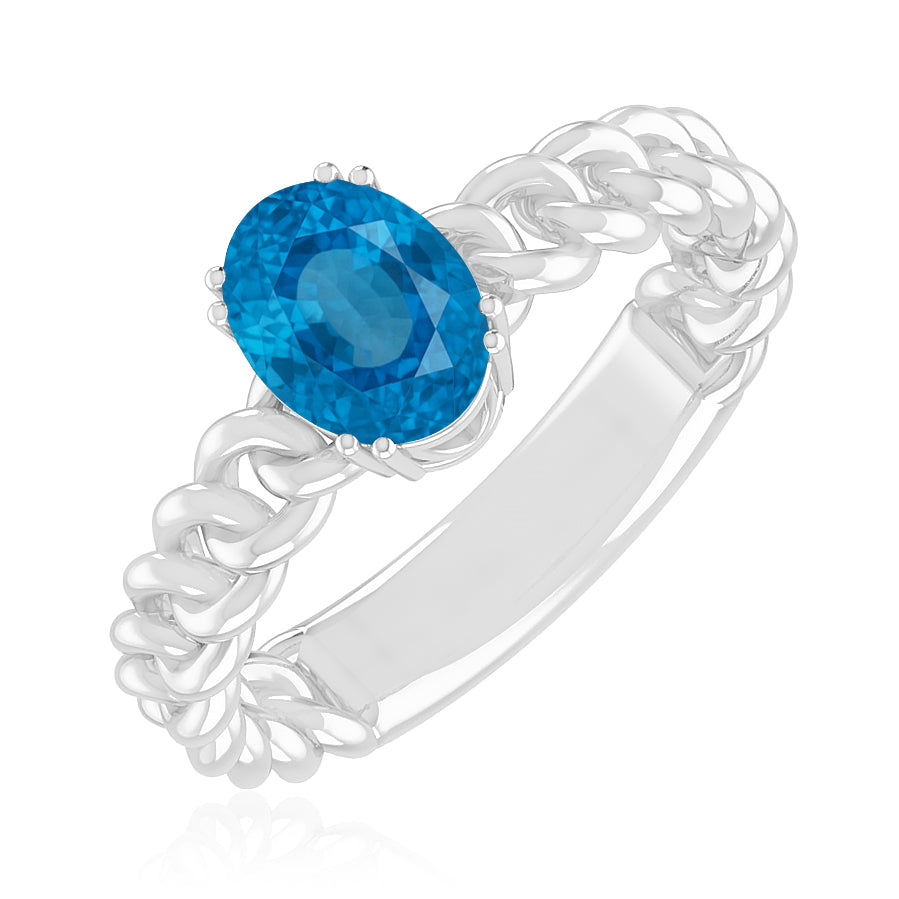 Chain Link Solitaire Ring | Sterling Silver Birthstone Ring | Genuine Gemstone Studded Ring | Personalized Promise Ring | Gift for Her