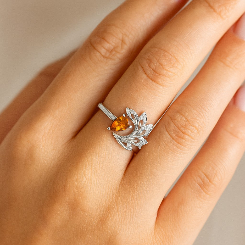 Nature Inspired Leaf Ring | Sterling Silver Birthstone Ring | Genuine Gemstone & Diamond Studded Ring | Personalized Promise Ring | Gift for Her