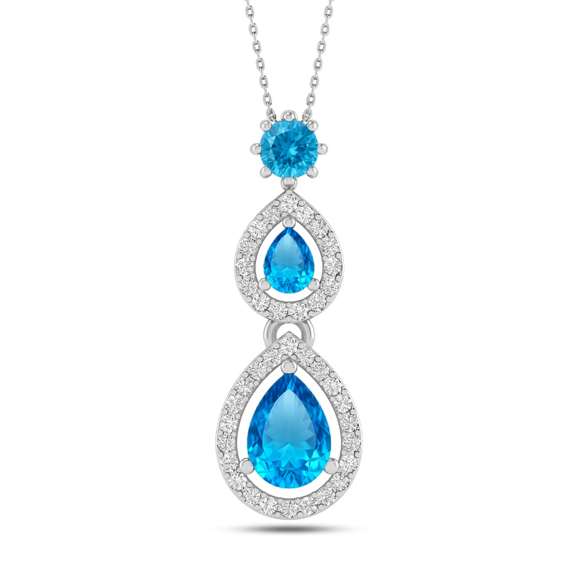 Double Pear Halo Drop Pendant | Sterling Silver Birthstone Necklace | Diamond Accent | Adjustable Chain | 15 Gemstone Choices