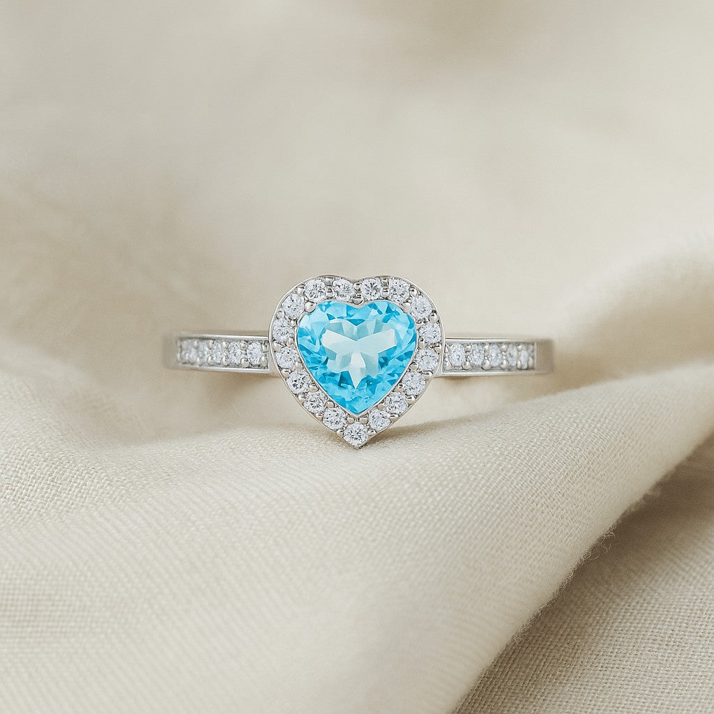 Heart Halo Ring | Sterling Silver Birthstone Ring | Genuine Gemstone Studded Ring | Personalized Promise Ring | Gift for Her