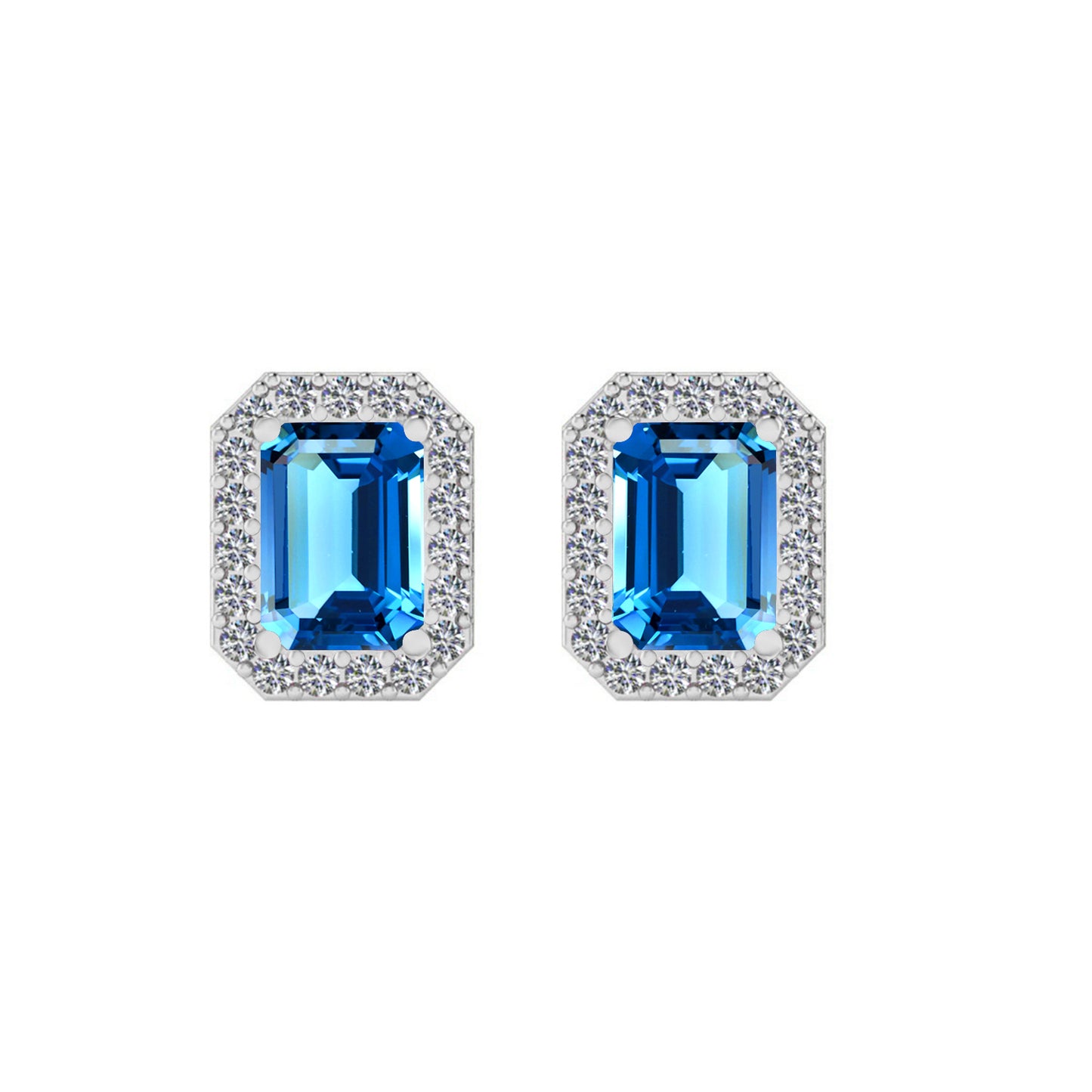 Emerald Cut Halo Stud Earrings | 925 Sterling Silver Birthstone Stud Earrings | Diamond Accent Gemstone Earrings | 15 Birthstone Options | Gift for Women