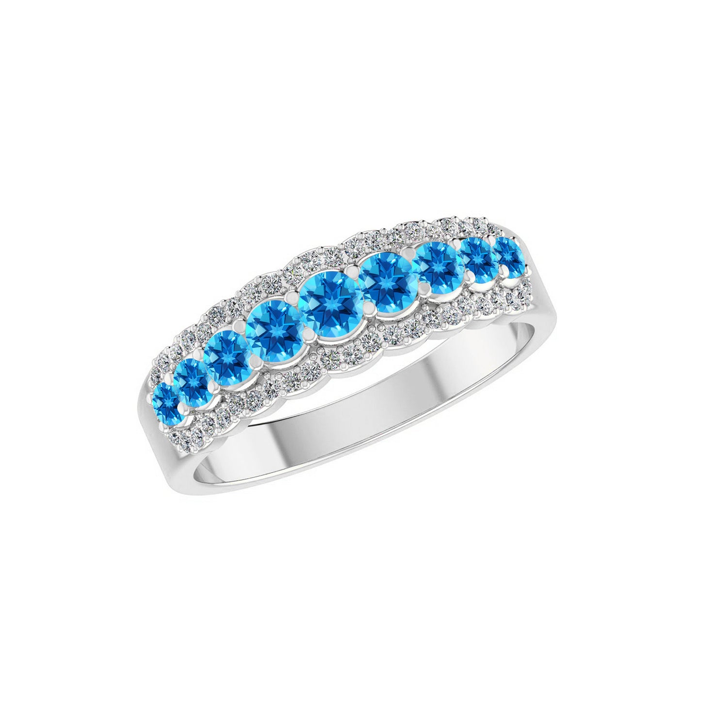 Double Halo Half Eternity Ring | Sterling Silver Birthstone Ring | Genuine Gemstone & Diamond Studded Ring | Personalized Promise Ring | Gift for Her