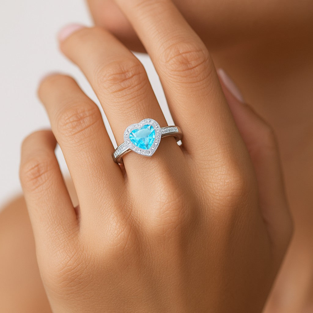 Heart Halo Ring | Sterling Silver Birthstone Ring | Genuine Gemstone Studded Ring | Personalized Promise Ring | Gift for Her