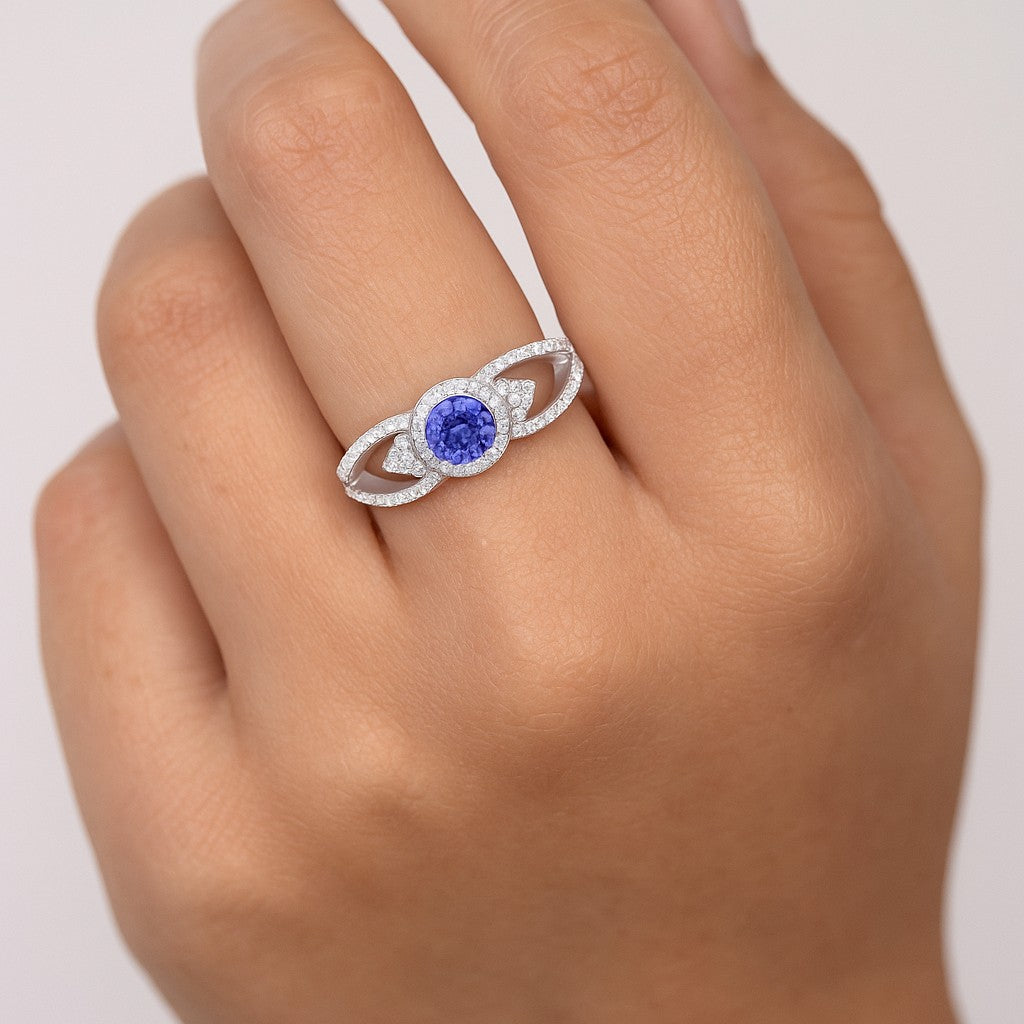 Split Shank Halo Ring | Sterling Silver Birthstone Ring | Genuine Gemstone & Diamond Studded Ring | Personalized Promise Ring | Gift for Her