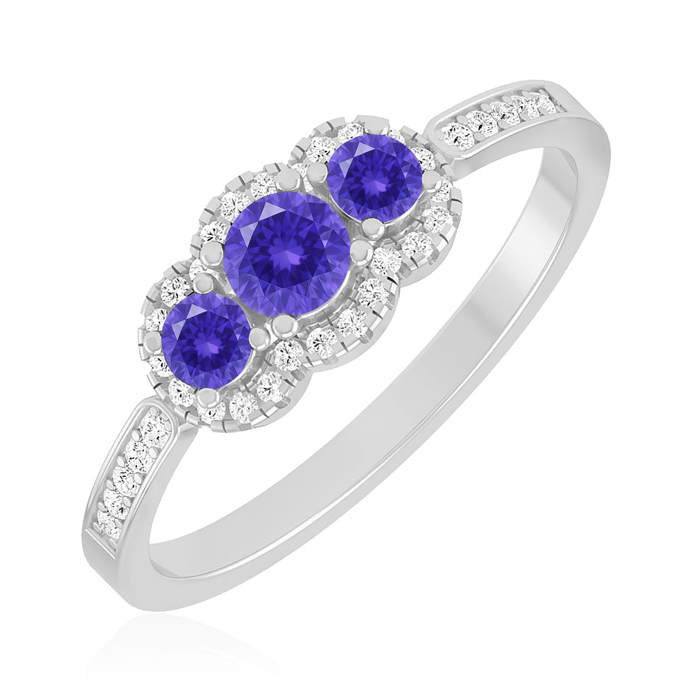 Trilogy Halo Ring | Sterling Silver Birthstone Ring | Genuine Gemstone & Diamond Studded Ring | Personalized Promise Ring | Gift for Her