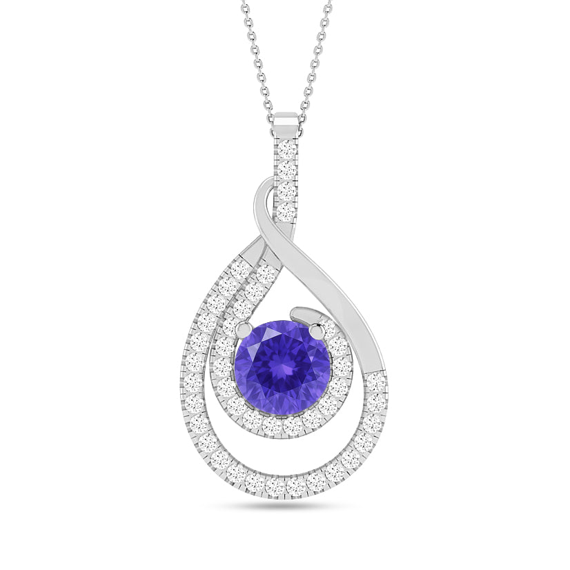 Teardrop Swirl Halo Pendant | Starburst Pendant | Heart Knot Teardrop Pendant | Sterling Silver Birthstone Necklace | Diamond Accent | Adjustable Chain | 15 Gemstone Choices