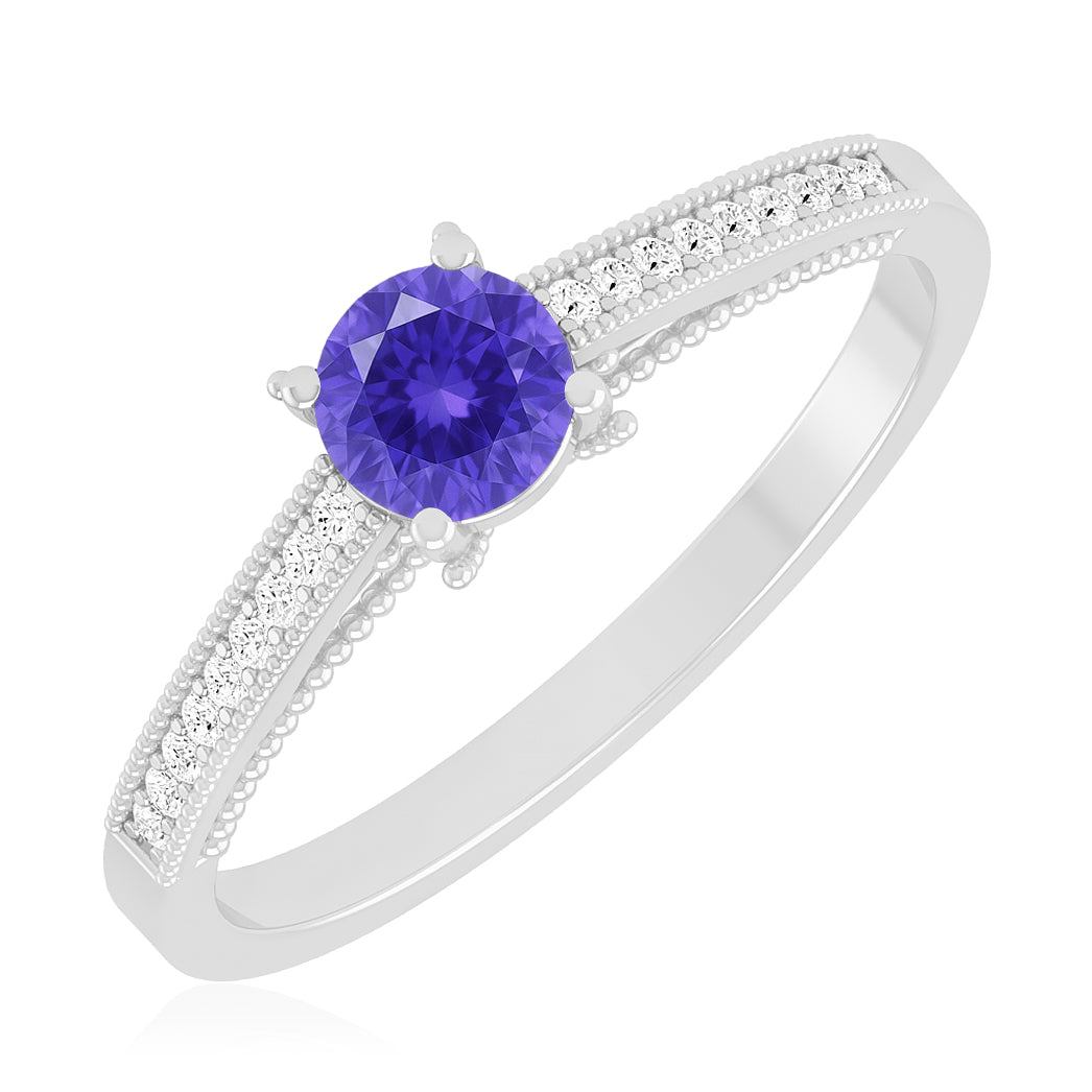 Milgrain Solitaire Ring | Sterling Silver Birthstone Ring | Genuine Gemstone & Diamond Studded Ring | Personalized Promise Ring | Gift for Her