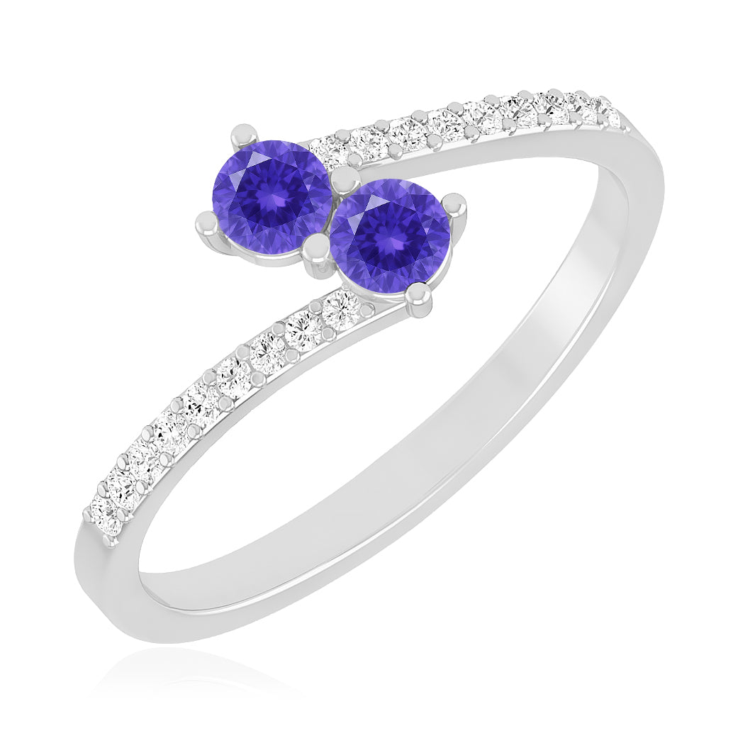 Toi et Moi Ring | Sterling Silver Birthstone Ring | Genuine Gemstone & Diamond Studded Ring | Personalized Promise Ring | Gift for Her