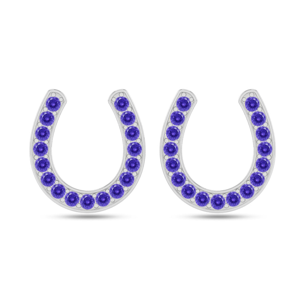 Horseshoe Stud Earrings | 925 Sterling Silver Birthstone Stud Earrings | Diamond Accent Gemstone Earrings | 15 Birthstone Options | Gift for Women