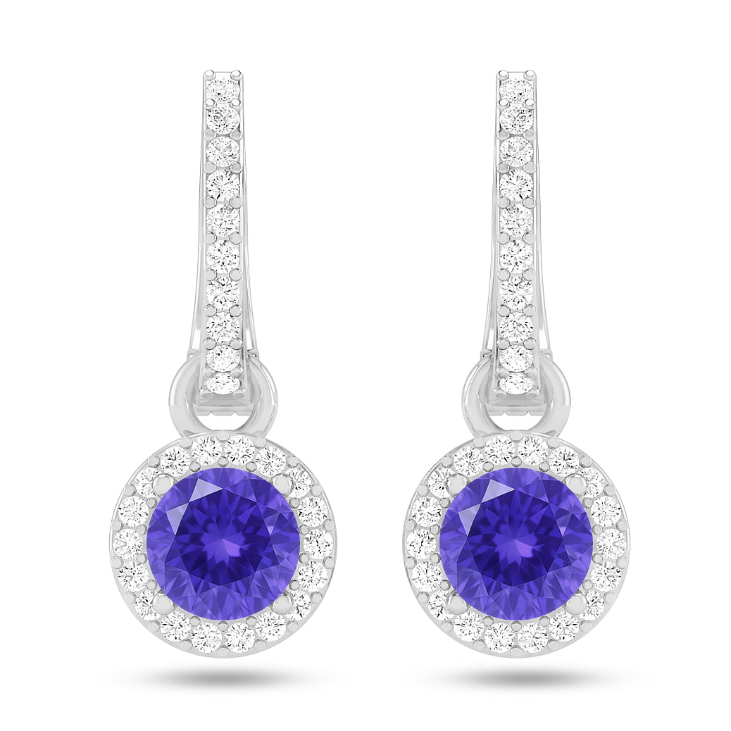 Round Halo Drop Earrings | 925 Sterling Silver Birthstone Stud Earrings | Diamond Accent Gemstone Earrings | 15 Birthstone Options | Gift for Women