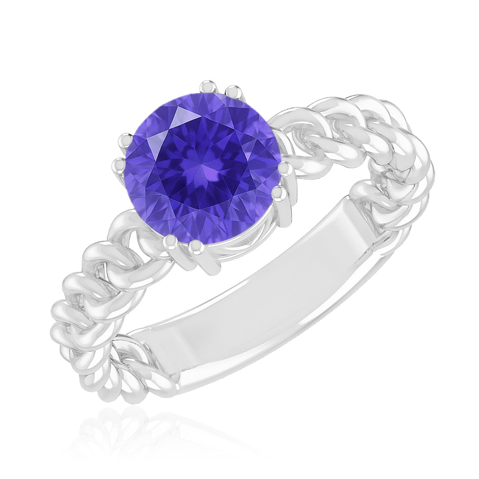 Chain Link Solitaire Ring | Sterling Silver Birthstone Ring | Genuine Gemstone & Diamond Studded Ring | Personalized Promise Ring | Gift for Her