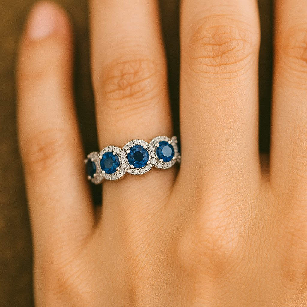 Five Stone Halo Ring | Half Eternity Ring | Sterling Silver Birthstone Ring | Genuine Gemstone & Diamond Studded Ring | Personalized Promise Ring | Gift for Her