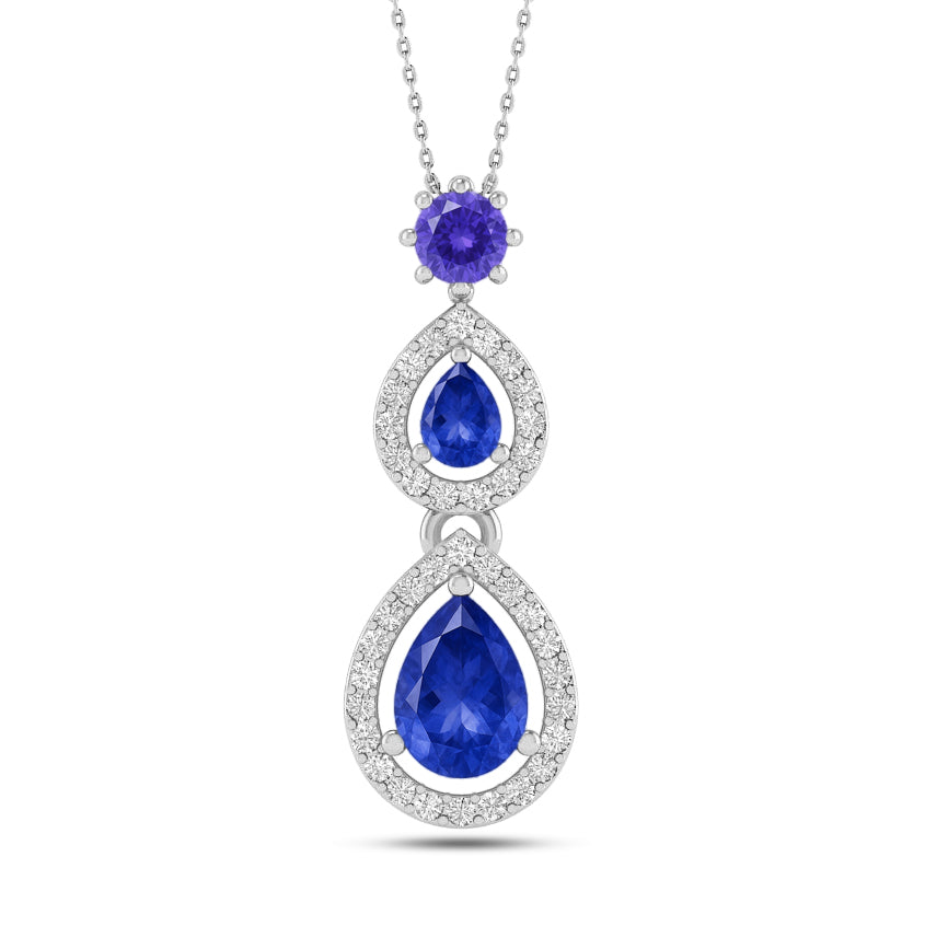 Double Pear Halo Drop Pendant | Sterling Silver Birthstone Necklace | Diamond Accent | Adjustable Chain | 15 Gemstone Choices