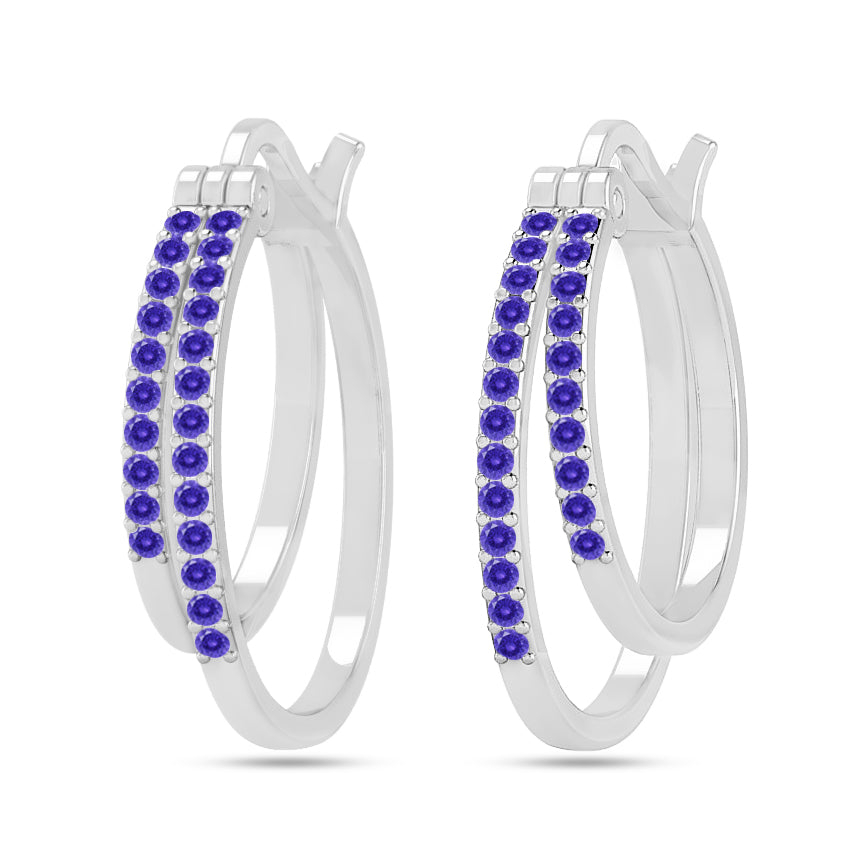 Double Row Hoop Earrings | 925 Sterling Silver Birthstone Stud Earrings | Diamond Accent Gemstone Earrings | 15 Birthstone Options | Gift for Women