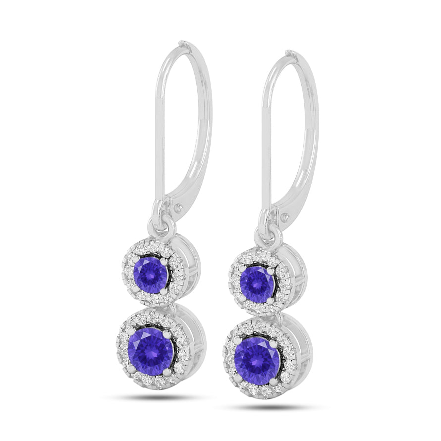 Double Halo Lever back Drop Earrings | 925 Sterling Silver Birthstone Stud Earrings | Diamond Accent Gemstone Earrings | 15 Birthstone Options | Gift for Women