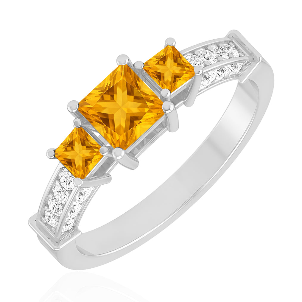 Princess Cut Three-Stone Ring | Sterling Silver Birthstone Ring | Genuine Gemstone & Diamond Studded Ring | Personalized Promise Ring | Gift for Her