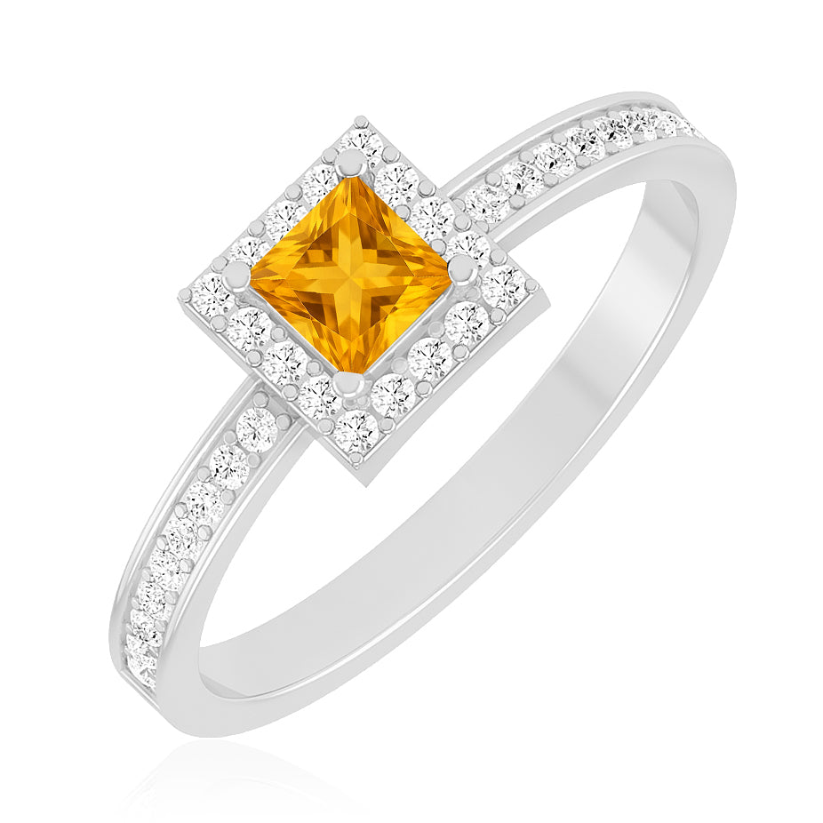 Princess Halo Solitaire Ring | Sterling Silver Birthstone Ring | Genuine Gemstone & Diamond Studded Ring | Personalized Promise Ring | Gift for Her