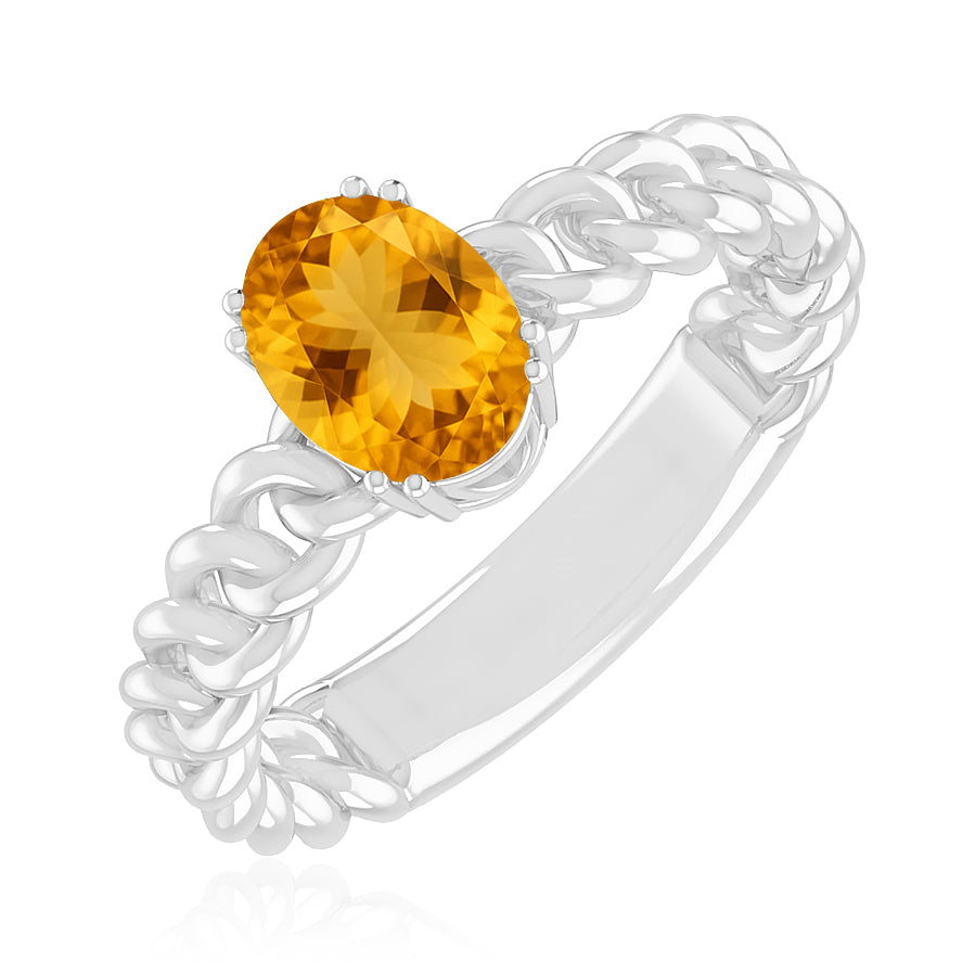 Chain Link Solitaire Ring | Sterling Silver Birthstone Ring | Genuine Gemstone Studded Ring | Personalized Promise Ring | Gift for Her