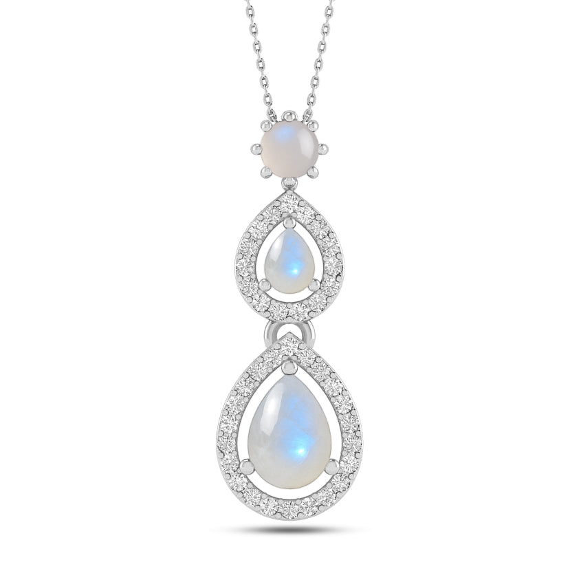Double Pear Halo Drop Pendant | Sterling Silver Birthstone Necklace | Diamond Accent | Adjustable Chain | 15 Gemstone Choices