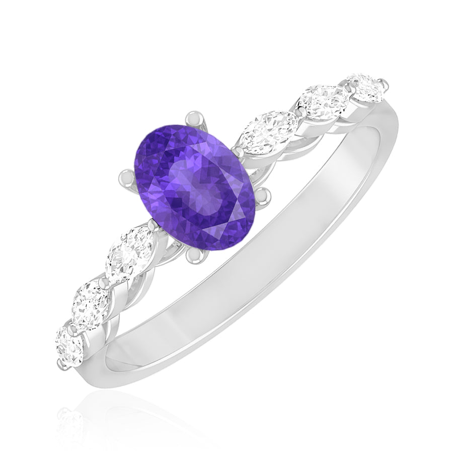 Oval Solitaire Ring with Marquise Diamond Accents | Sterling Silver Birthstone Ring | Genuine Gemstone & Diamond Studded Ring | Personalized Promise Ring | Gift for Her (Copy)