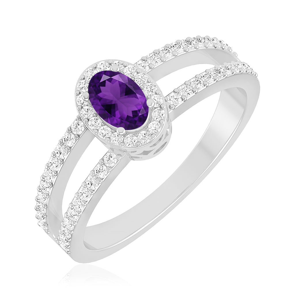 Halo Split Shank Ring | Sterling Silver Birthstone Ring | Genuine Gemstone & Diamond Studded Ring | Personalized Promise Ring | Gift for Her