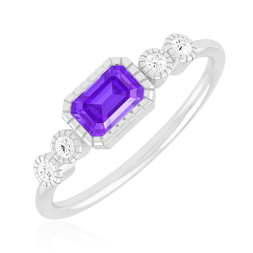 Art Deco Bezel Ring | Sterling Silver Birthstone Ring | Genuine Gemstone & Diamond Studded Ring | Personalized Promise Ring | Gift for Her