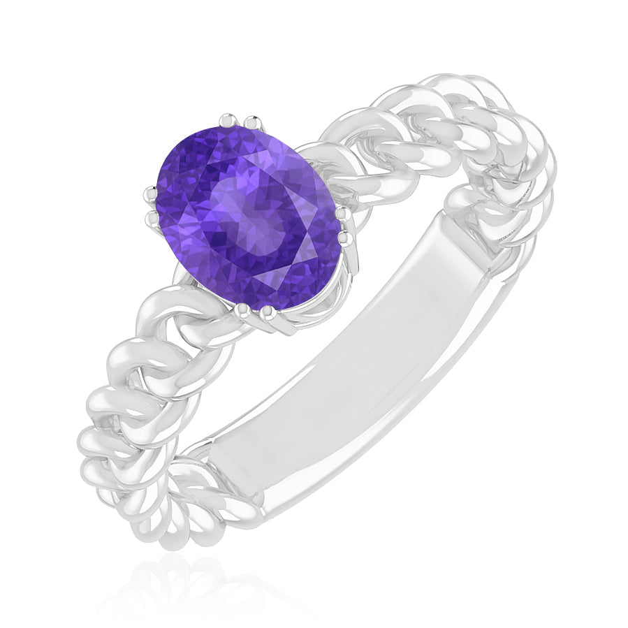 Chain Link Solitaire Ring | Sterling Silver Birthstone Ring | Genuine Gemstone Studded Ring | Personalized Promise Ring | Gift for Her