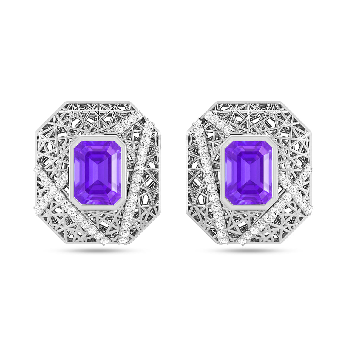 Art Deco Geometric Stud Earrings | 925 Sterling Silver Birthstone Stud Earrings | Diamond Accent Gemstone Earrings | 15 Birthstone Options | Gift for Women