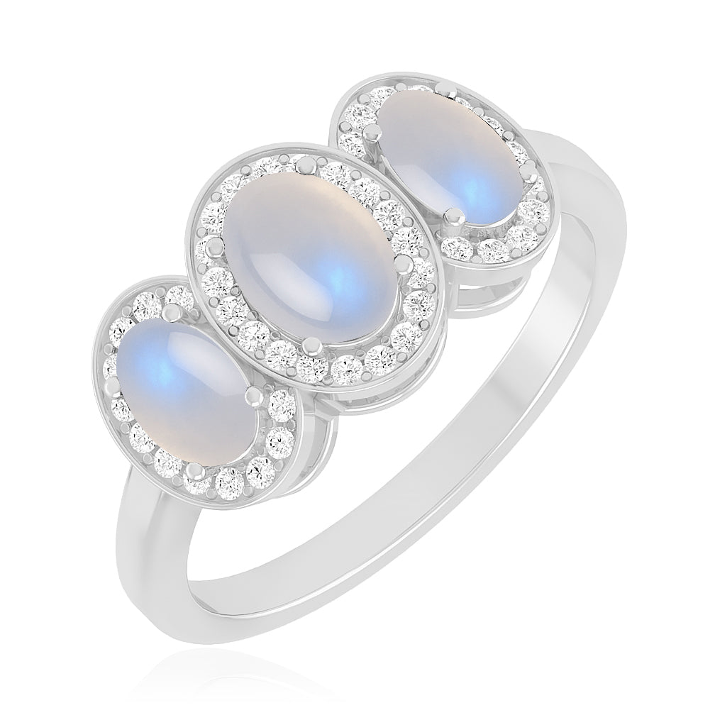 Oval Cut Three-Stone Ring | Sterling Silver Birthstone Ring | Genuine Gemstone & Diamond Studded Ring | Personalized Promise Ring | Gift for Her