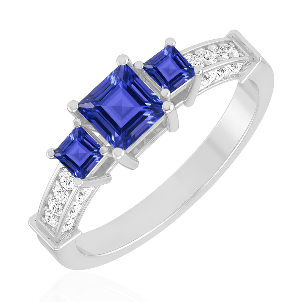 Princess Cut Three-Stone Ring | Sterling Silver Birthstone Ring | Genuine Gemstone & Diamond Studded Ring | Personalized Promise Ring | Gift for Her