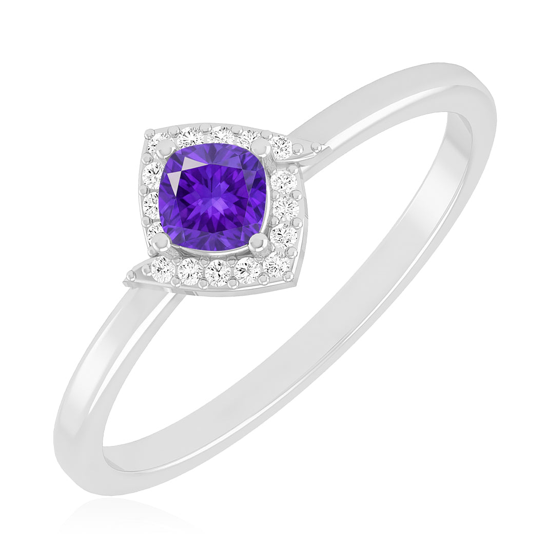 Cushion Halo Solitaire Ring | Sterling Silver Birthstone Ring | Genuine Gemstone & Diamond Studded Ring | Personalized Promise Ring | Gift for Her