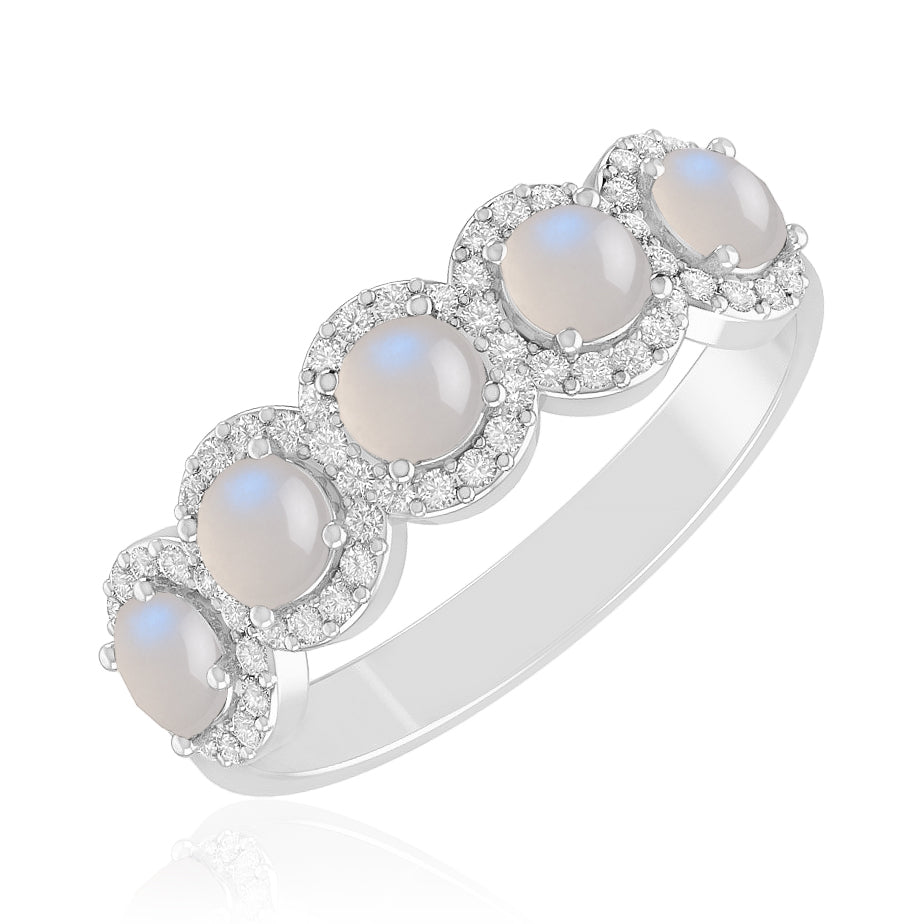 Five Stone Halo Ring | Half Eternity Ring | Sterling Silver Birthstone Ring | Genuine Gemstone & Diamond Studded Ring | Personalized Promise Ring | Gift for Her