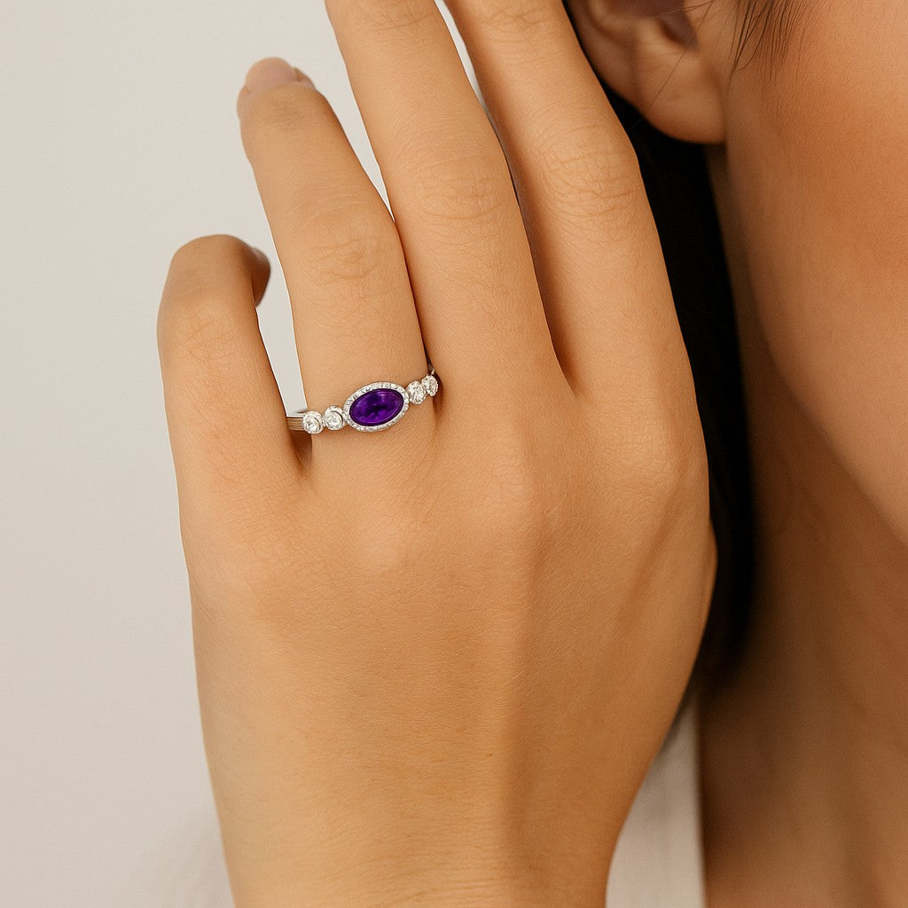 Bezel Set Three-Stone Ring | Sterling Silver Birthstone Ring | Genuine Gemstone & Diamond Studded Ring | Personalized Promise Ring | Gift for Her
