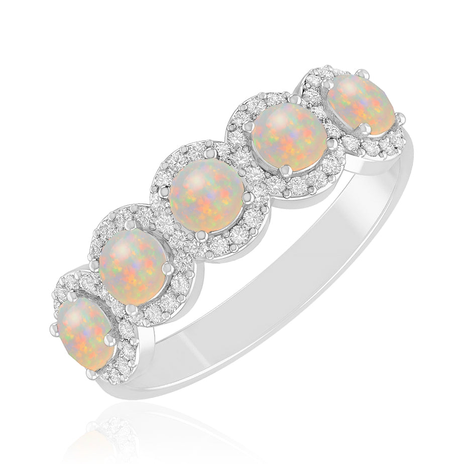 Five Stone Halo Ring | Half Eternity Ring | Sterling Silver Birthstone Ring | Genuine Gemstone & Diamond Studded Ring | Personalized Promise Ring | Gift for Her