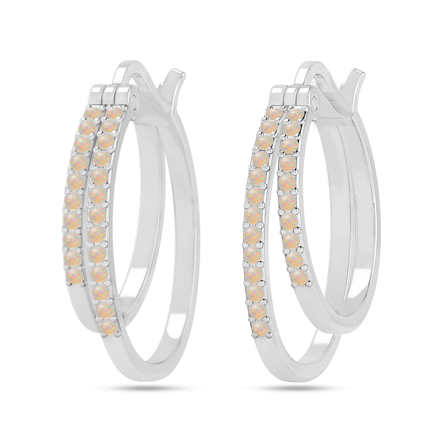 Double Row Hoop Earrings | 925 Sterling Silver Birthstone Stud Earrings | Diamond Accent Gemstone Earrings | 15 Birthstone Options | Gift for Women
