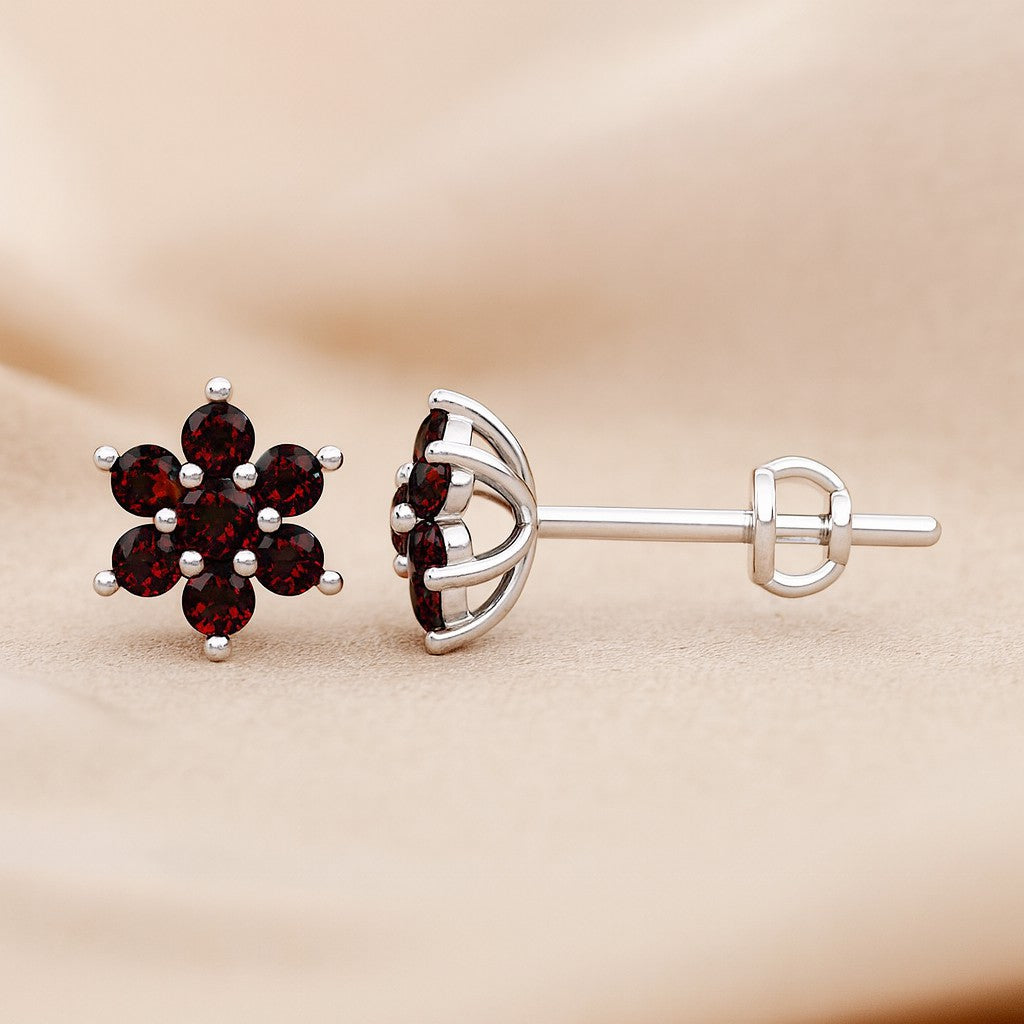 Floral Cluster Stud Earrings | 925 Sterling Silver Birthstone Stud Earrings | Diamond Accent Gemstone Earrings | 15 Birthstone Options | Gift for Women