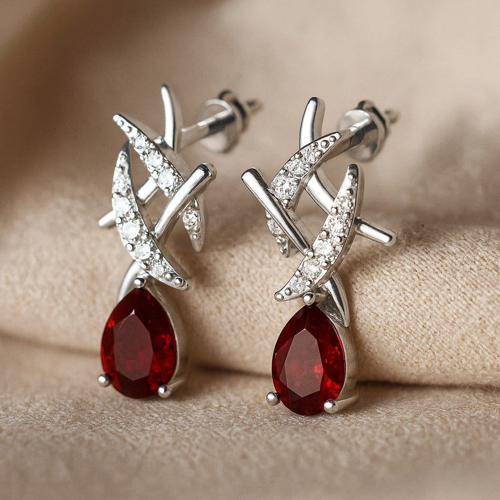 Criss-Cross Drop Earrings | 925 Sterling Silver Birthstone Stud Earrings | Diamond Accent Gemstone Earrings | 15 Birthstone Options | Gift for Women
