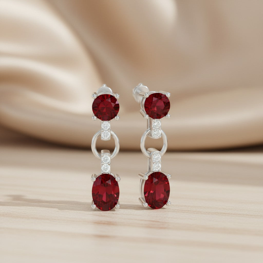 Link Drop Dangle Earrings | 925 Sterling Silver Birthstone Stud Earrings | Diamond Accent Gemstone Earrings | 15 Birthstone Options | Gift for Women