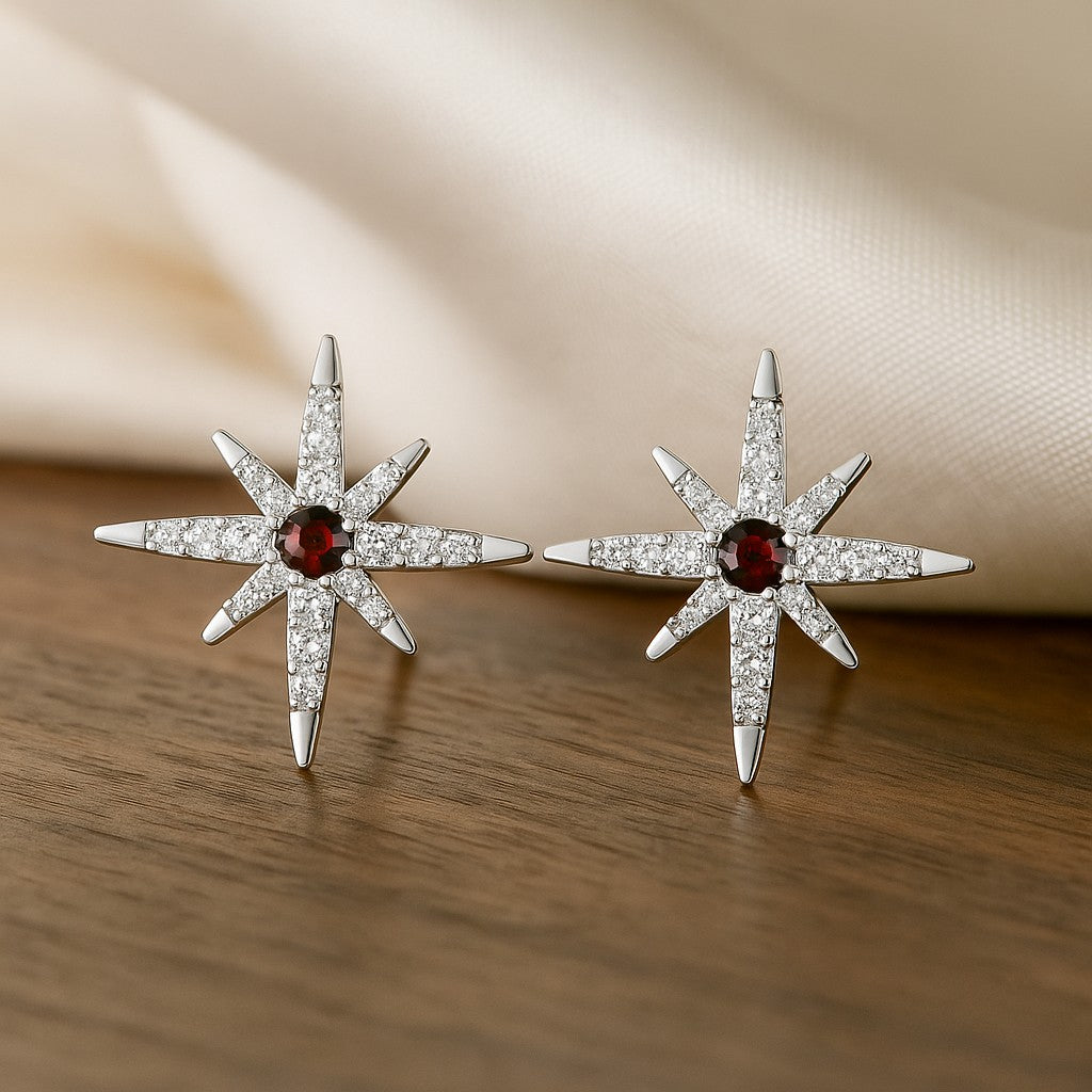 Celestial Starburst Stud Earrings | 925 Sterling Silver Birthstone Stud Earrings | Diamond Accent Gemstone Earrings | 15 Birthstone Options | Gift for Women