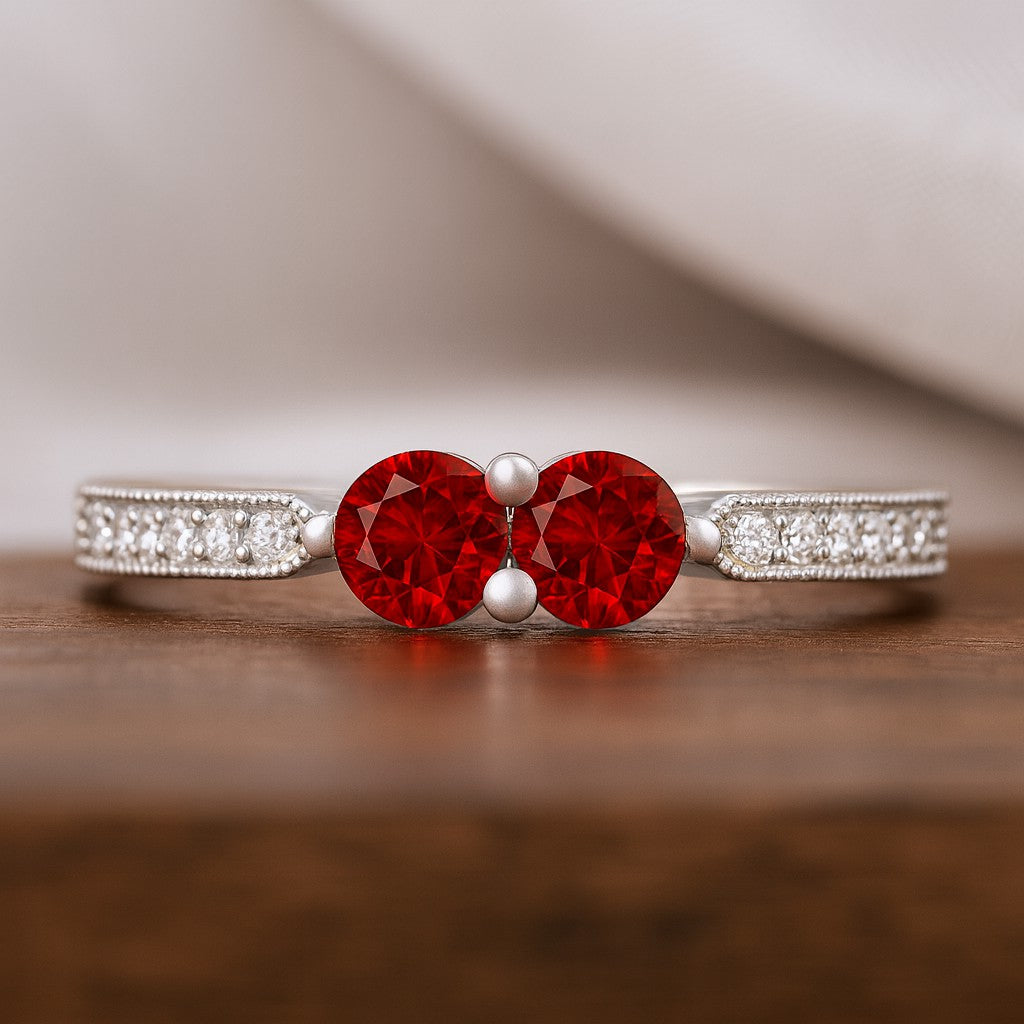 Toi et Moi Ring | Sterling Silver Birthstone Ring | Genuine Gemstone & Diamond Studded Ring | Personalized Promise Ring | Gift for Her